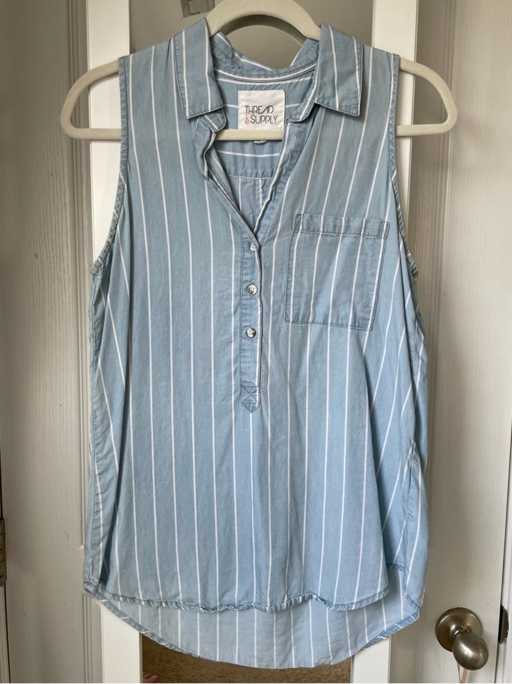 Thread & Supply Light Blue and White Striped Sleeveless Button Tank